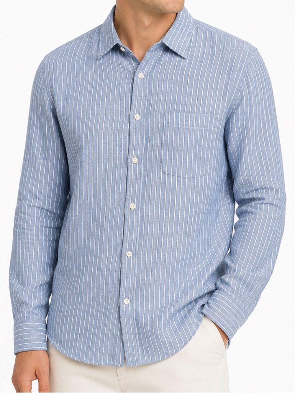 Uniqlo Premium 100% Linen Shirt Men’s S Blue White Stripe Long Sleeve